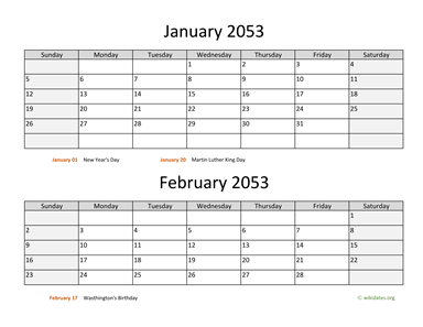 Two Months 2053 Calendar Horizontal