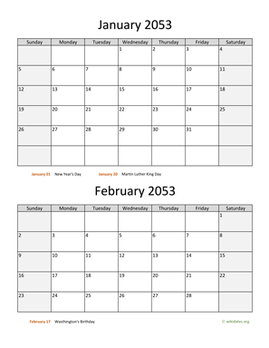 Two Months 2053 Calendar Vertical