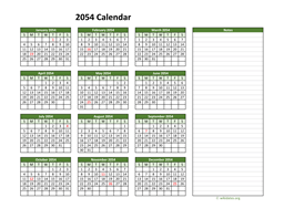Yearly Printable 2054 Calendar with Notes