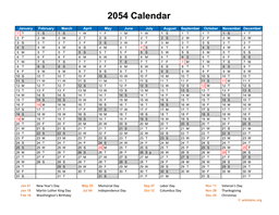2054 Calendar Horizontal, One Page