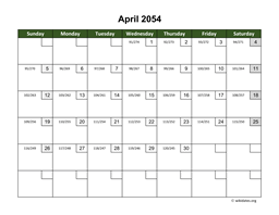 April 2054 Calendar with Day Numbers