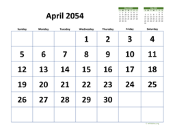 April 2054 Calendar with Extra-large Dates