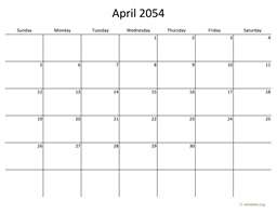 April 2054 Calendar with Bigger boxes