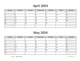 April and May 2054 Calendar