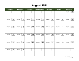 August 2054 Calendar with Day Numbers