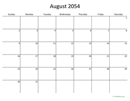 August 2054 Calendar with Bigger boxes