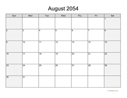 August 2054 Calendar with Weekend Shaded