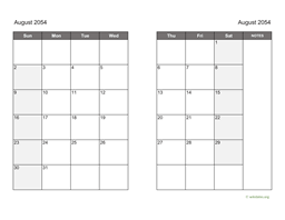 August 2054 Calendar on two pages