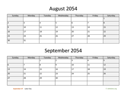 August and September 2054 Calendar