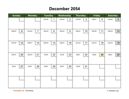 December 2054 Calendar with Day Numbers