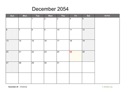 December 2054 Calendar with Notes