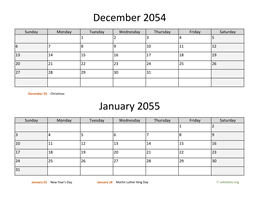 December 2054 and January 2055 Calendar