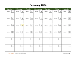 February 2054 Calendar with Day Numbers