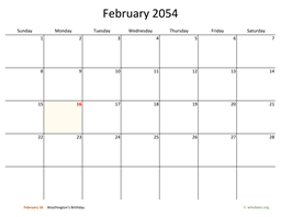 February 2054 Calendar with Bigger boxes