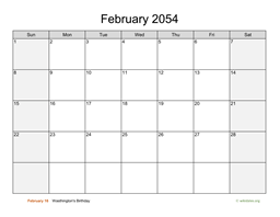 February 2054 Calendar with Weekend Shaded