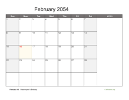 February 2054 Calendar with Notes