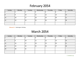 February and March 2054 Calendar