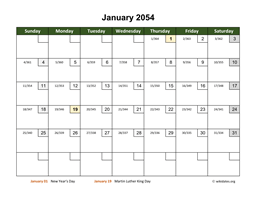 January 2054 Calendar with Day Numbers