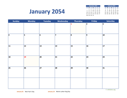 January 2054 Calendar Classic