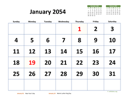 January 2054 Calendar with Extra-large Dates