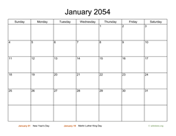 Basic Calendar for January 2054