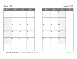 January 2054 Calendar on two pages