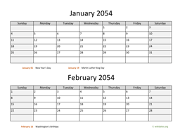 January and February 2054 Calendar