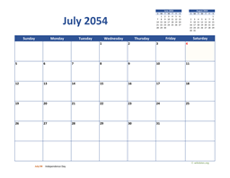 July 2054 Calendar Classic