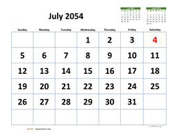 July 2054 Calendar with Extra-large Dates