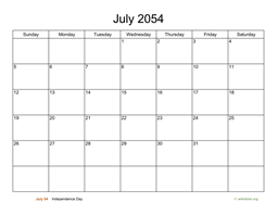 Basic Calendar for July 2054