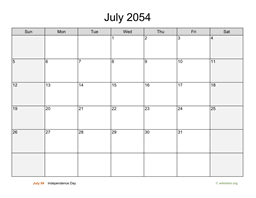July 2054 Calendar with Weekend Shaded