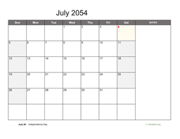 July 2054 Calendar with Notes
