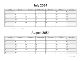 July and August 2054 Calendar