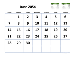 June 2054 Calendar with Extra-large Dates