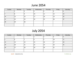 June and July 2054 Calendar