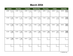 March 2054 Calendar with Day Numbers