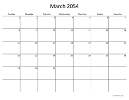 March 2054 Calendar with Bigger boxes