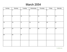 Basic Calendar for March 2054