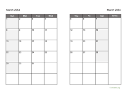 March 2054 Calendar on two pages