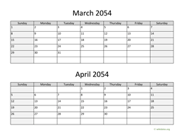 March and April 2054 Calendar