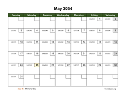 May 2054 Calendar with Day Numbers