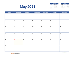 May 2054 Calendar Classic