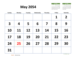 May 2054 Calendar with Extra-large Dates