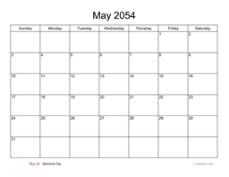 Basic Calendar for May 2054