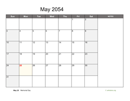 May 2054 Calendar with Notes