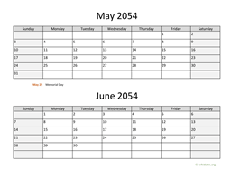 May and June 2054 Calendar