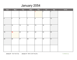 Monthly 2054 Calendar with Notes