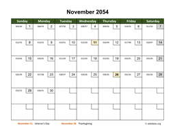 November 2054 Calendar with Day Numbers
