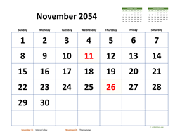 November 2054 Calendar with Extra-large Dates