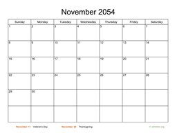 Basic Calendar for November 2054